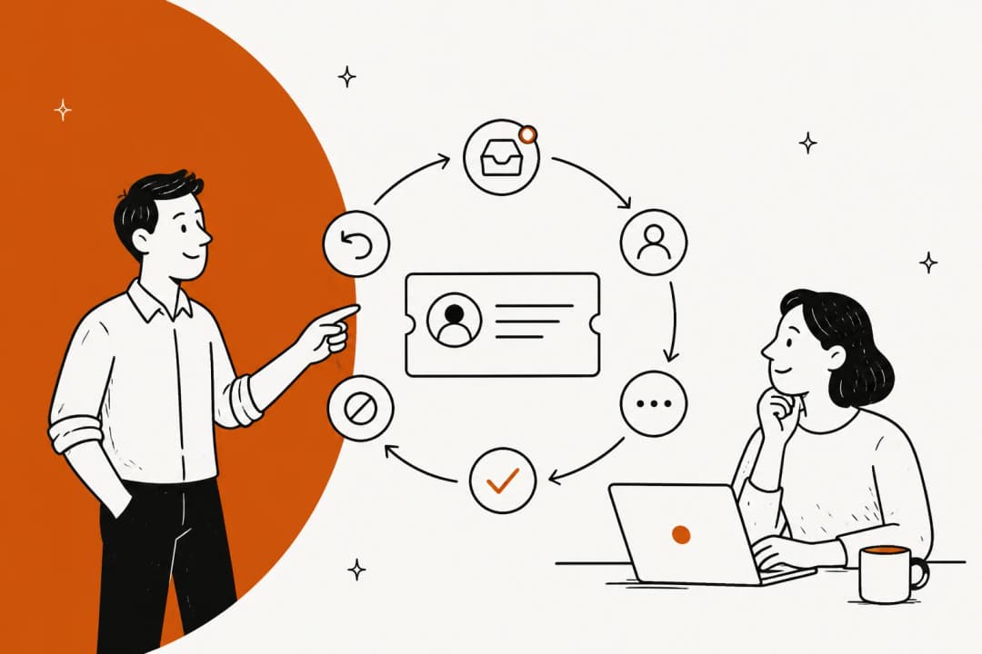 Illustration of a help desk ticket moving through its lifecycle between a support agent and a customer