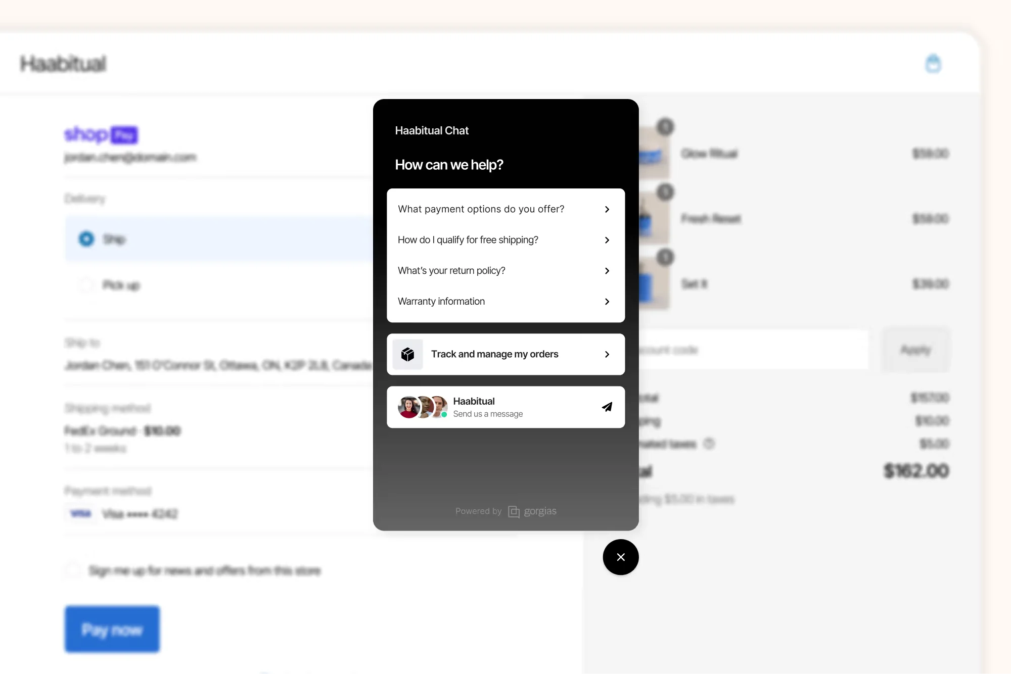 Gorgias live chat widget embedded in a Shopify checkout answering shopper questions, as taken from Gorgias
