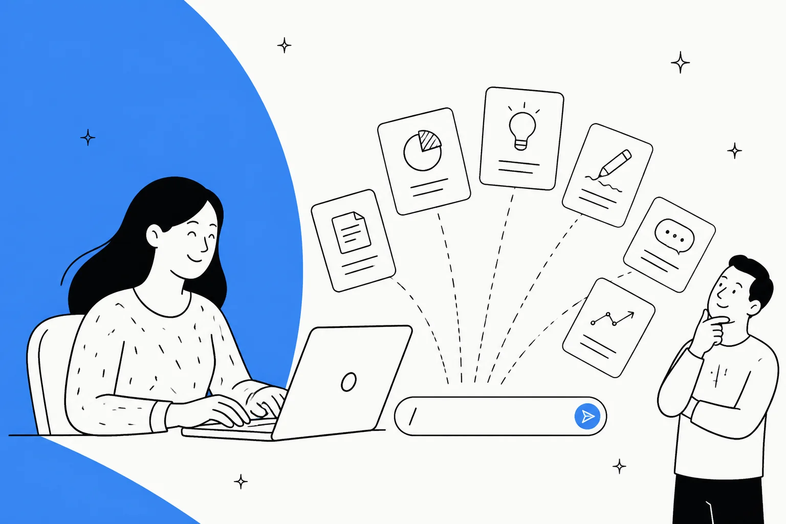 Hand-drawn illustration of a woman typing a slash into a chat box on her laptop while a fan of small skill cards pops out above it and a colleague looks on