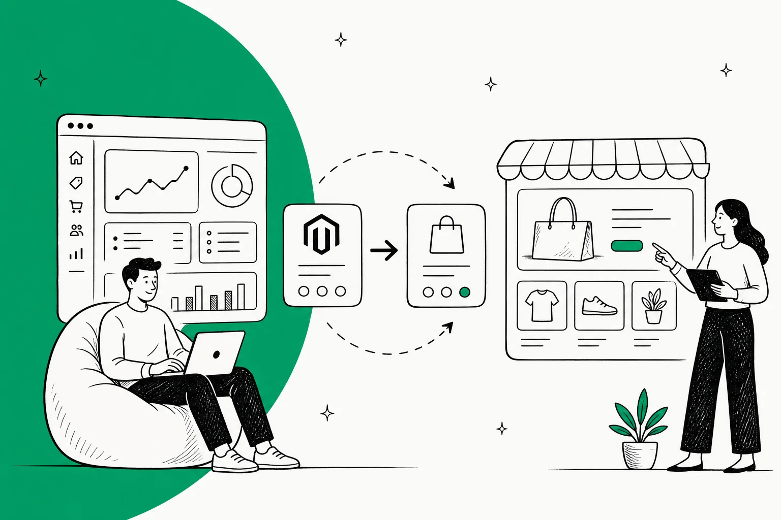 Illustration of a merchant migrating from a Magento dashboard to a simpler hosted storefront