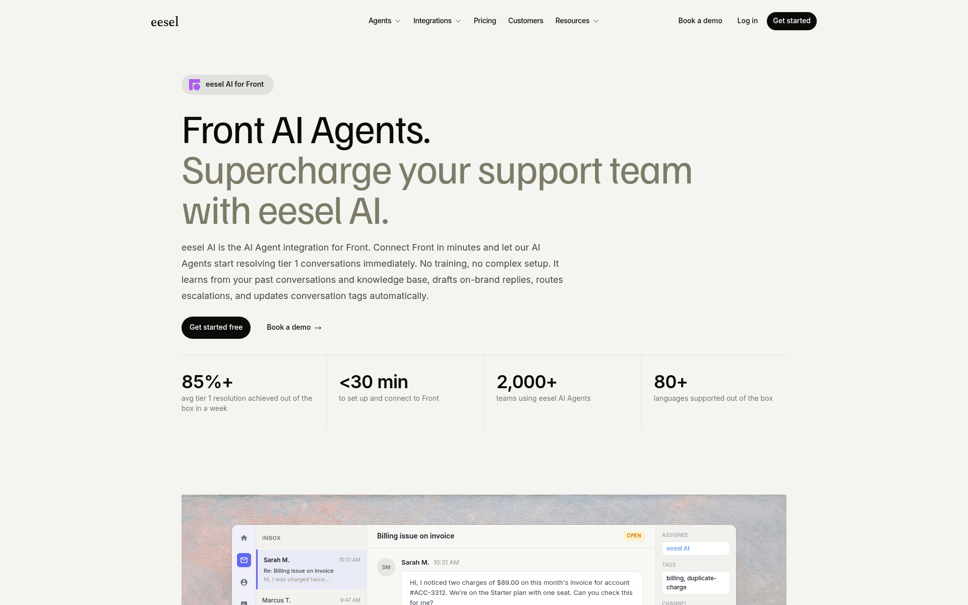 The eesel AI for Front integration page: an AI agent assigned to a billing conversation inside the Front shared inbox, with duplicate-charge tags applied, plus headline stats for setup time and resolution rate