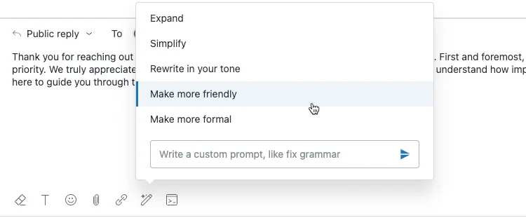 Zendesk Enhance writing menu in the reply composer with Expand, Simplify, Rewrite in your tone, Make more friendly and Make more formal options, as taken from Zendesk's help center