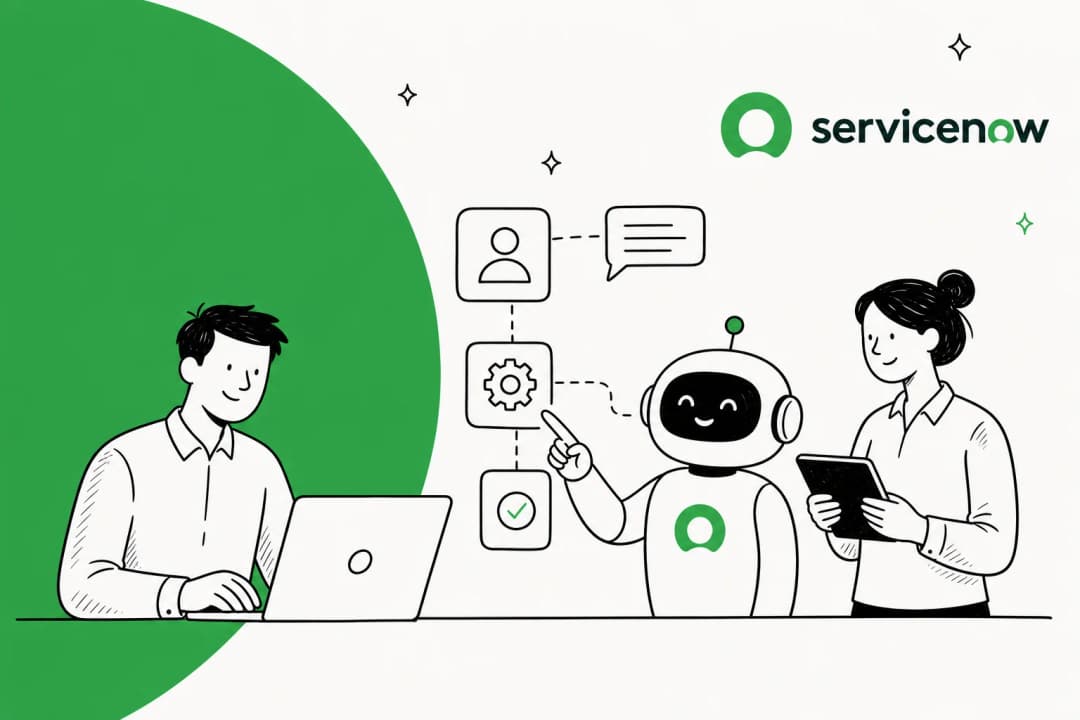 Illustration of AI agents plugging into a ServiceNow service desk