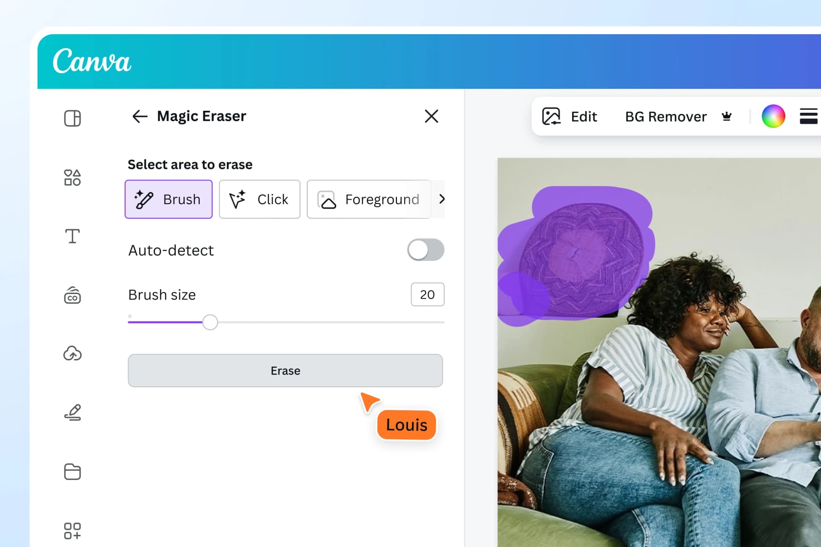 Canva's Magic Eraser panel with Brush, Click and Foreground selection modes, an Auto-detect toggle, a brush size of 20, and a purple mask painted over a wall hanging, as taken from Canva