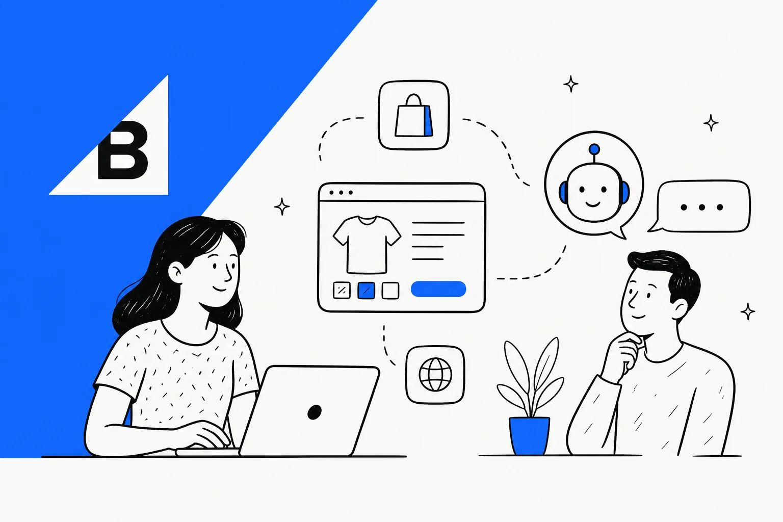 Illustration of a BigCommerce storefront connected to an AI support agent