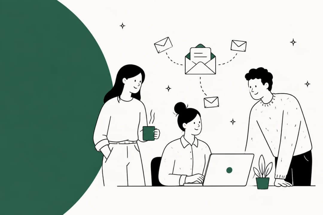 Illustration of a support team working through a shared email inbox together