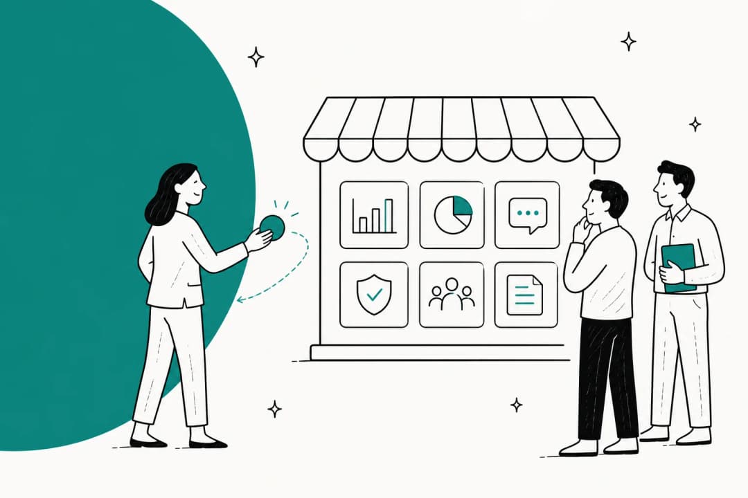 Hand-drawn illustration of a storefront of business tool icons with a buyer handing over a coin, representing OpenAI Marketplace