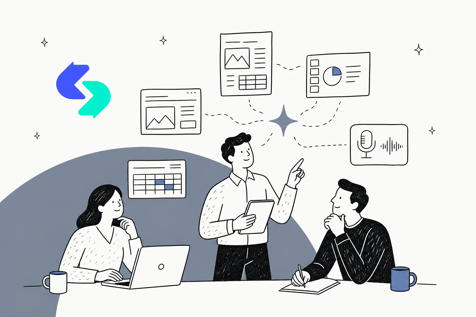 Skywork AI review illustration showing a super-agent turning one prompt into slides, docs and websites