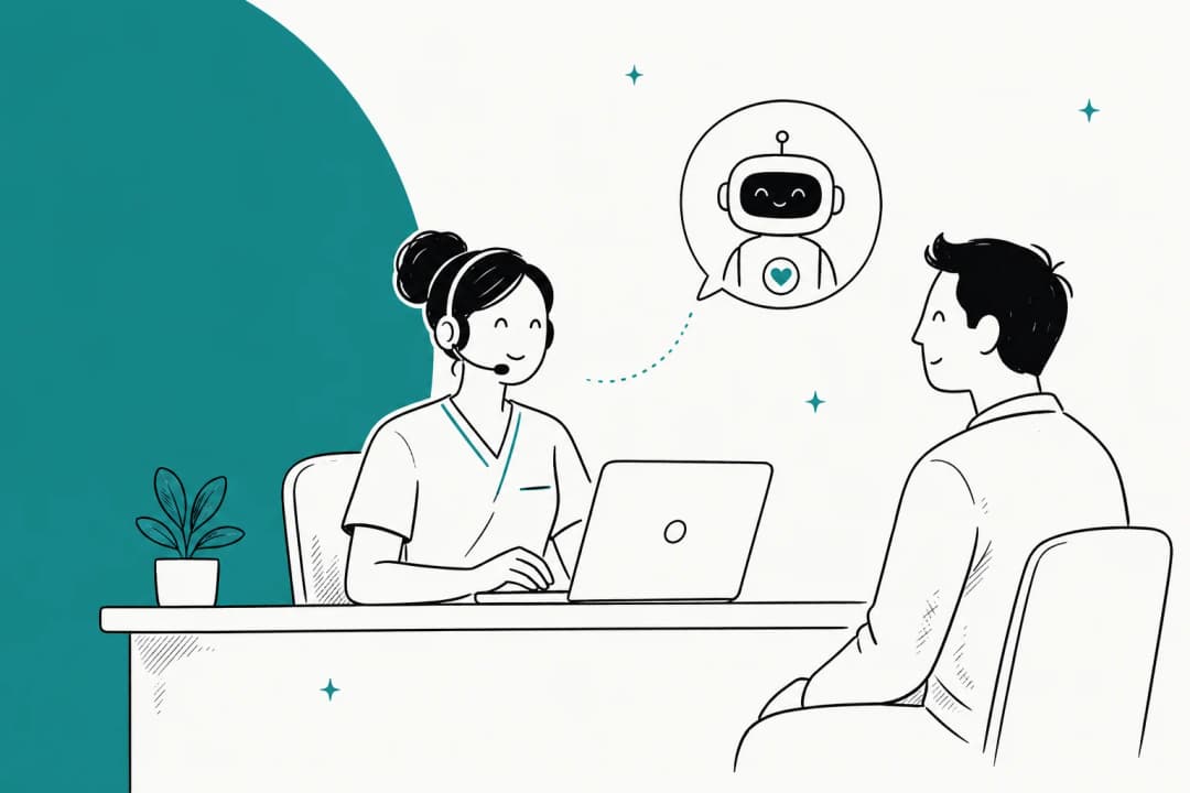 Illustration of a healthcare patient support desk with an AI triage flow