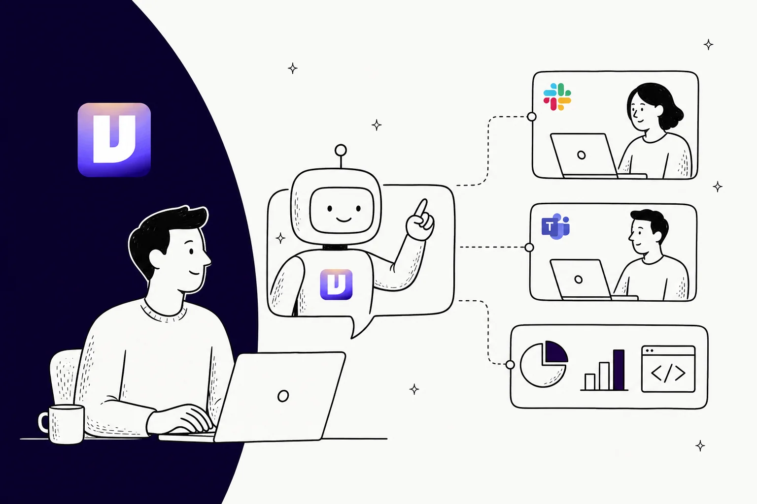 Illustration of Viktor, an AI employee working inside Slack and Microsoft Teams