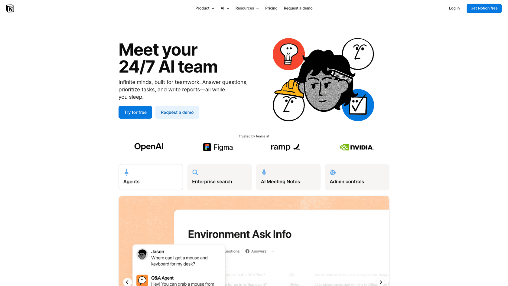 Notion's AI page showing Agents, Enterprise search, AI Meeting Notes, and a Q&A agent answering a teammate's question, as taken from Notion