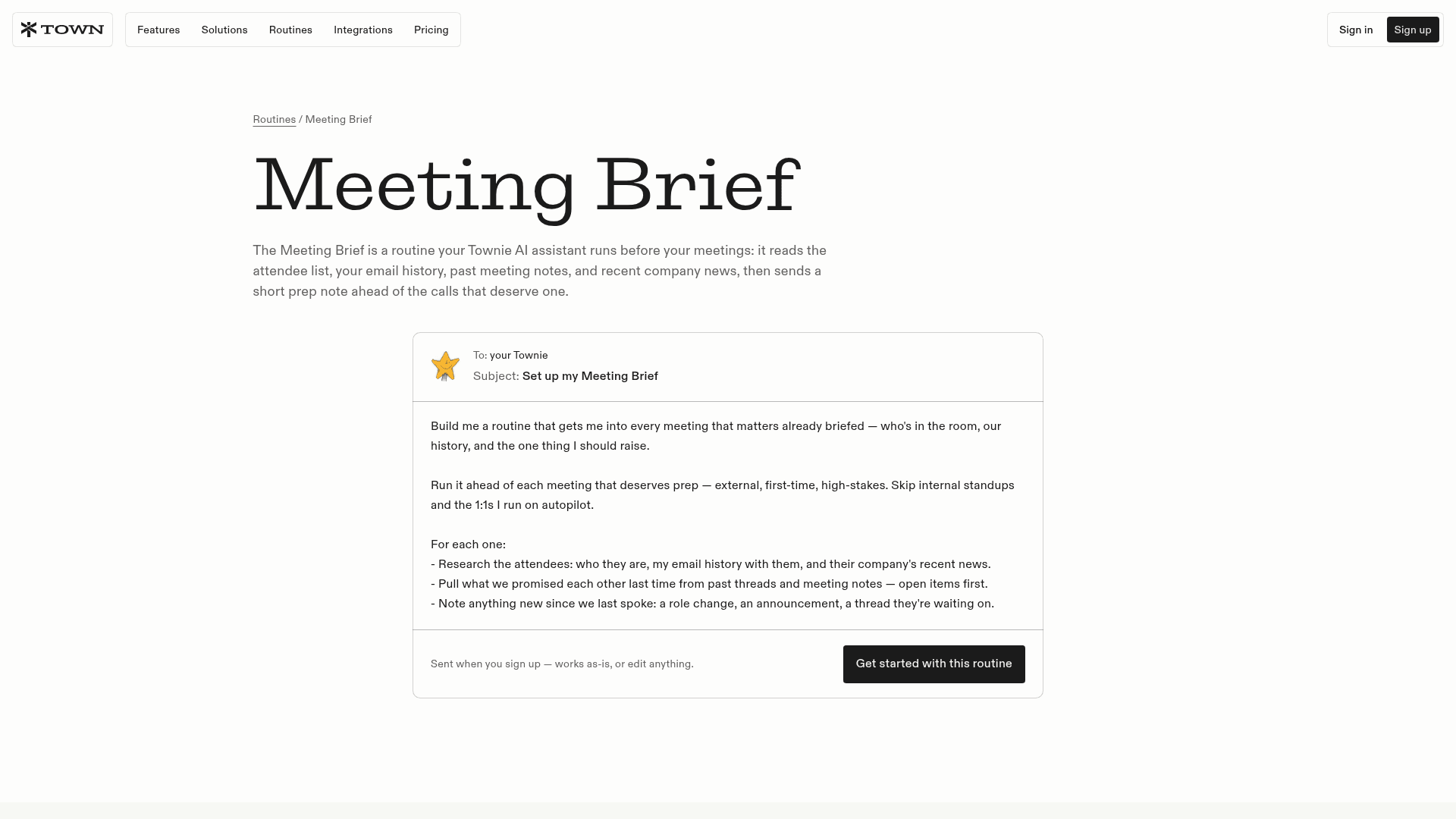 Town's Meeting Brief routine page, showing the set-up message that asks the assistant to research attendees and pull open items before each meeting, as taken from Town