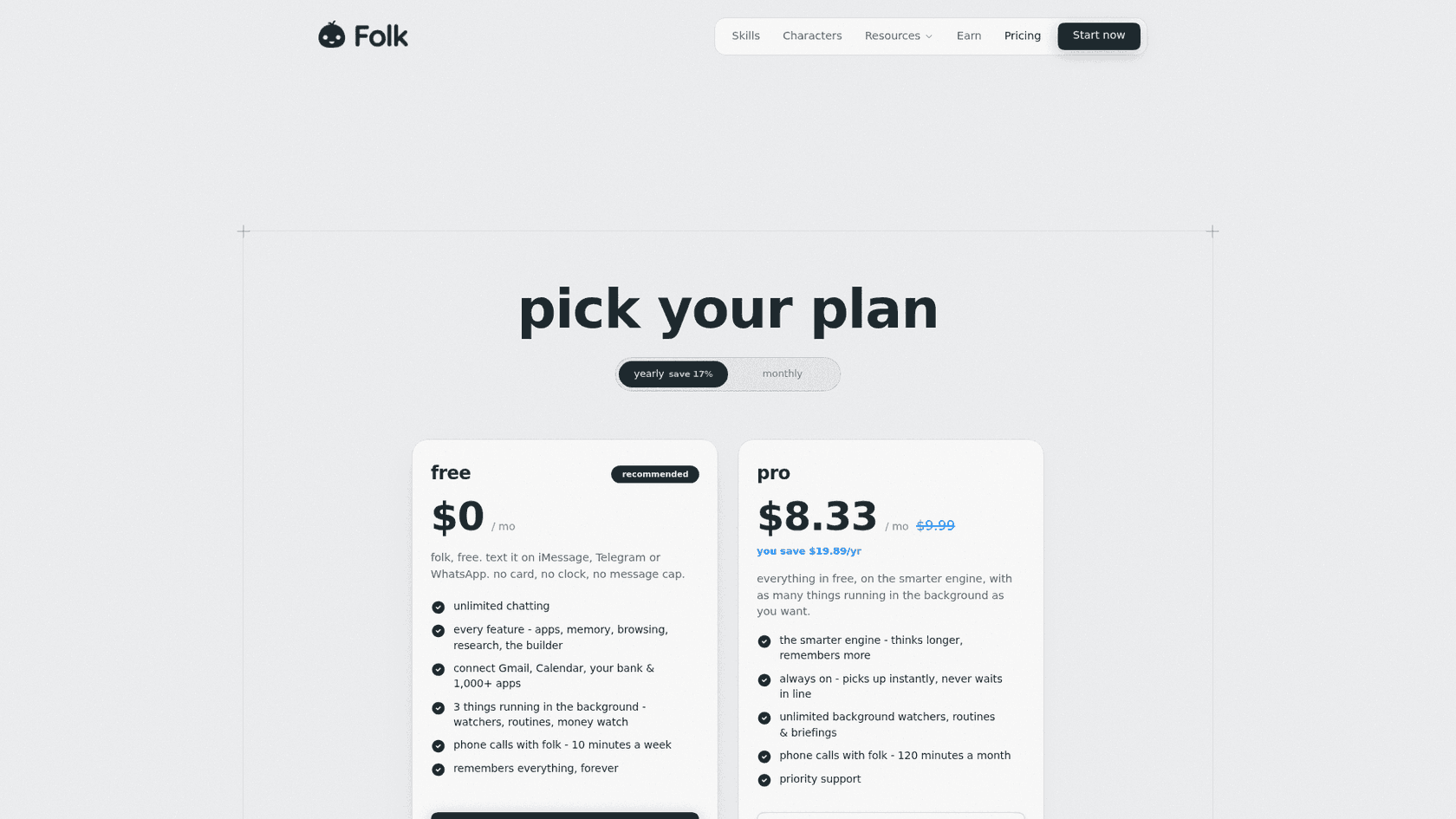 Folk's pricing page headlined "pick your plan" with a free plan at $0 a month and a pro plan at $8.33 a month on yearly billing, listing unlimited chatting, connected Gmail and Calendar, and phone call minutes, as captured from folk.com