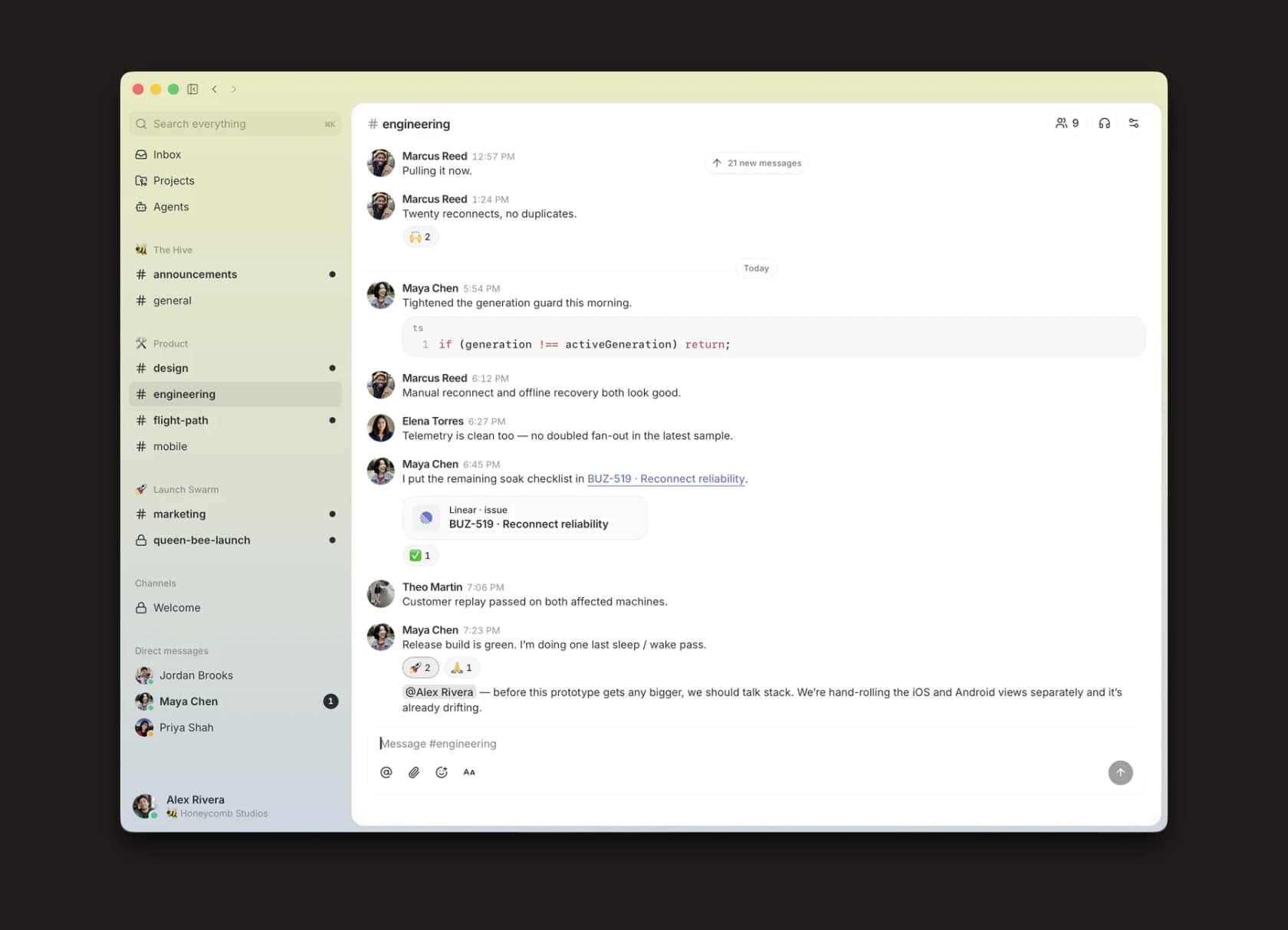 The Buzz app engineering channel: a Slack-style sidebar of channels with people and messages, as taken from Block