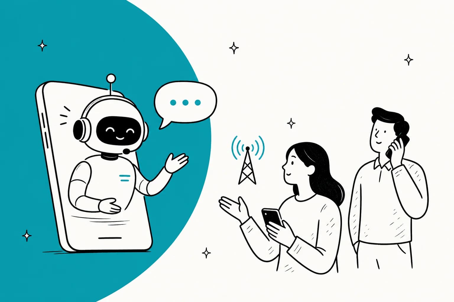 Illustration of an AI chatbot handling telecom customer support questions about bills, data usage, and coverage
