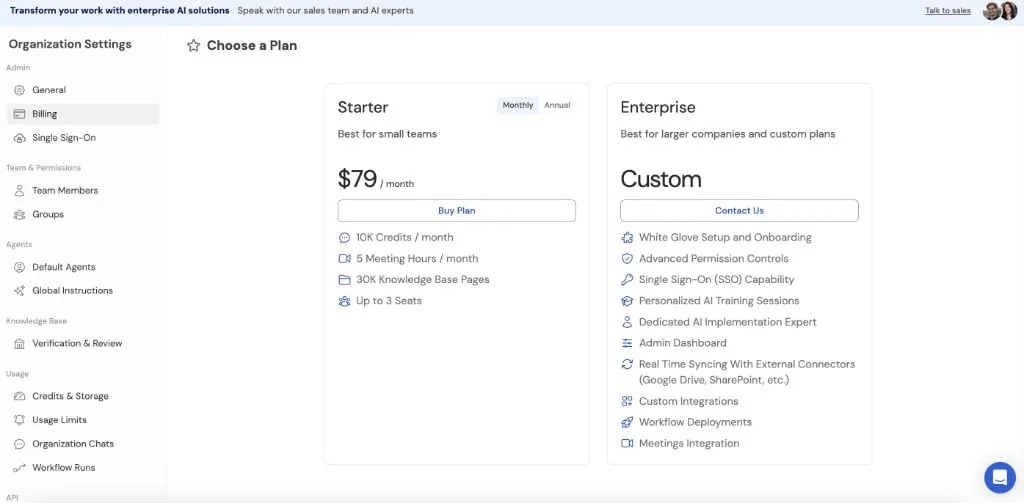 Cassidy in-app Choose a Plan screen showing Starter at $79 per month with 10K credits, 5 meeting hours, 30K knowledge base pages and up to 3 seats, next to a Custom Enterprise tier, as taken from Cassidy docs