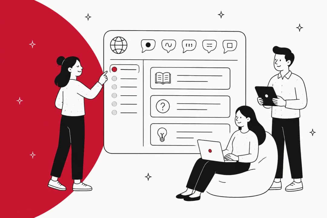 Illustration of a help center article branching into versions in several languages
