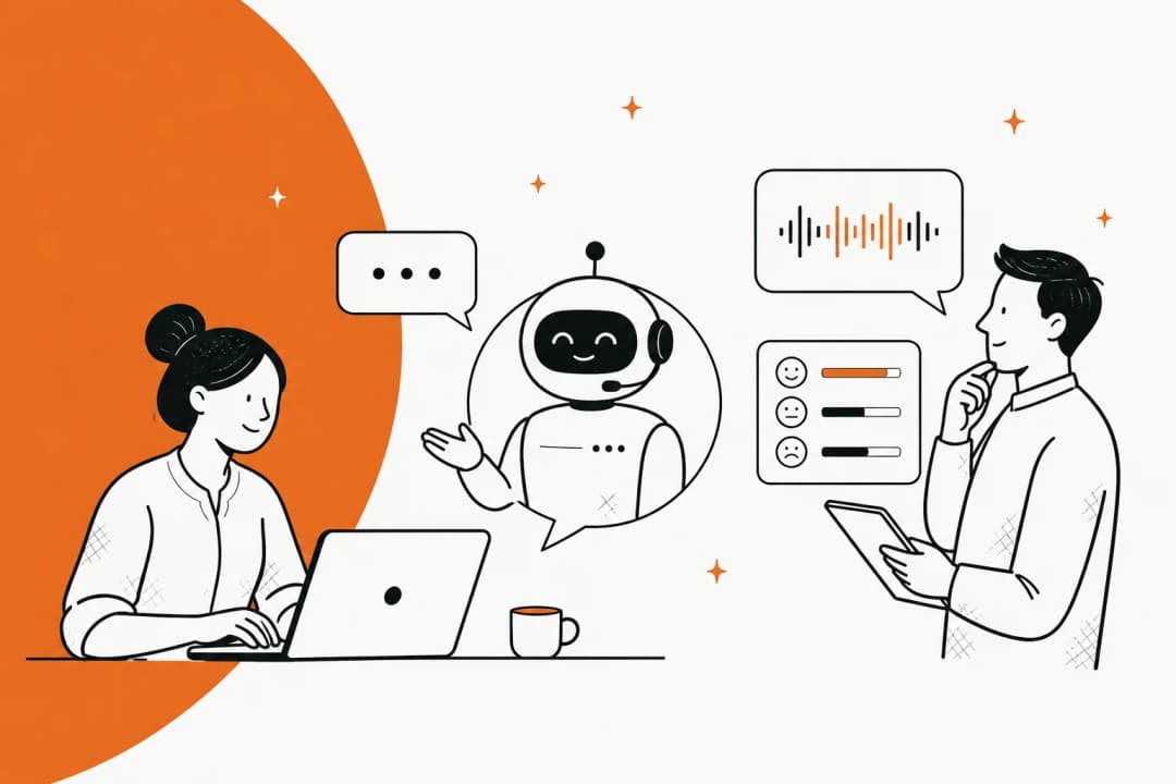Hand-drawn illustration of a support agent at a laptop, an AI agent in a chat bubble, and a manager reviewing customer satisfaction scores