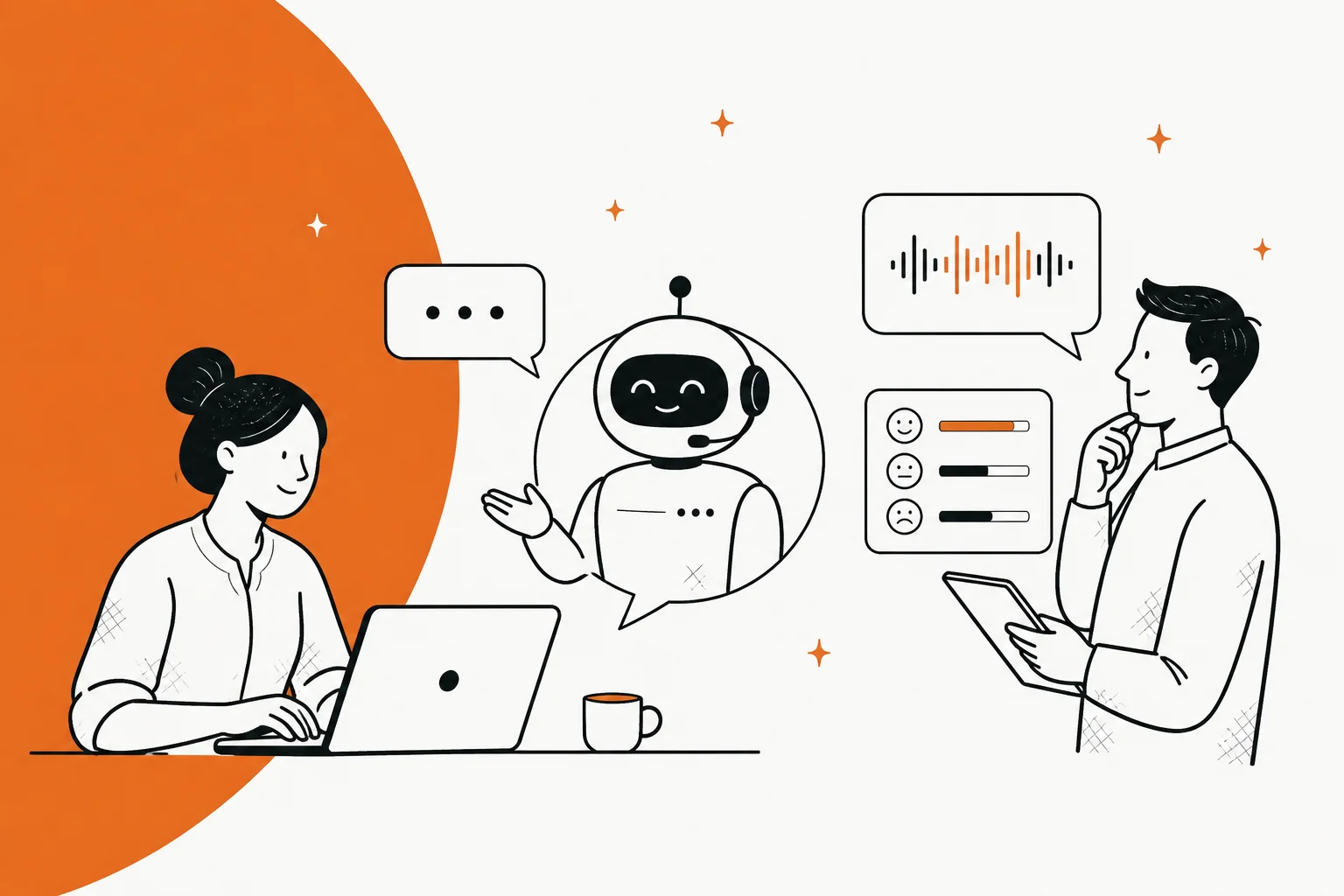 Hand-drawn illustration of a support agent at a laptop, an AI agent in a chat bubble, and a manager reviewing customer satisfaction scores