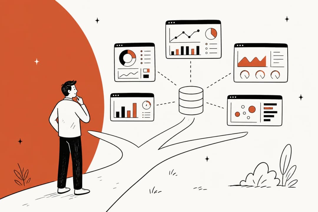Hand-drawn illustration of a person at a fork in the road looking at five different analytics dashboards connected to one shared data warehouse