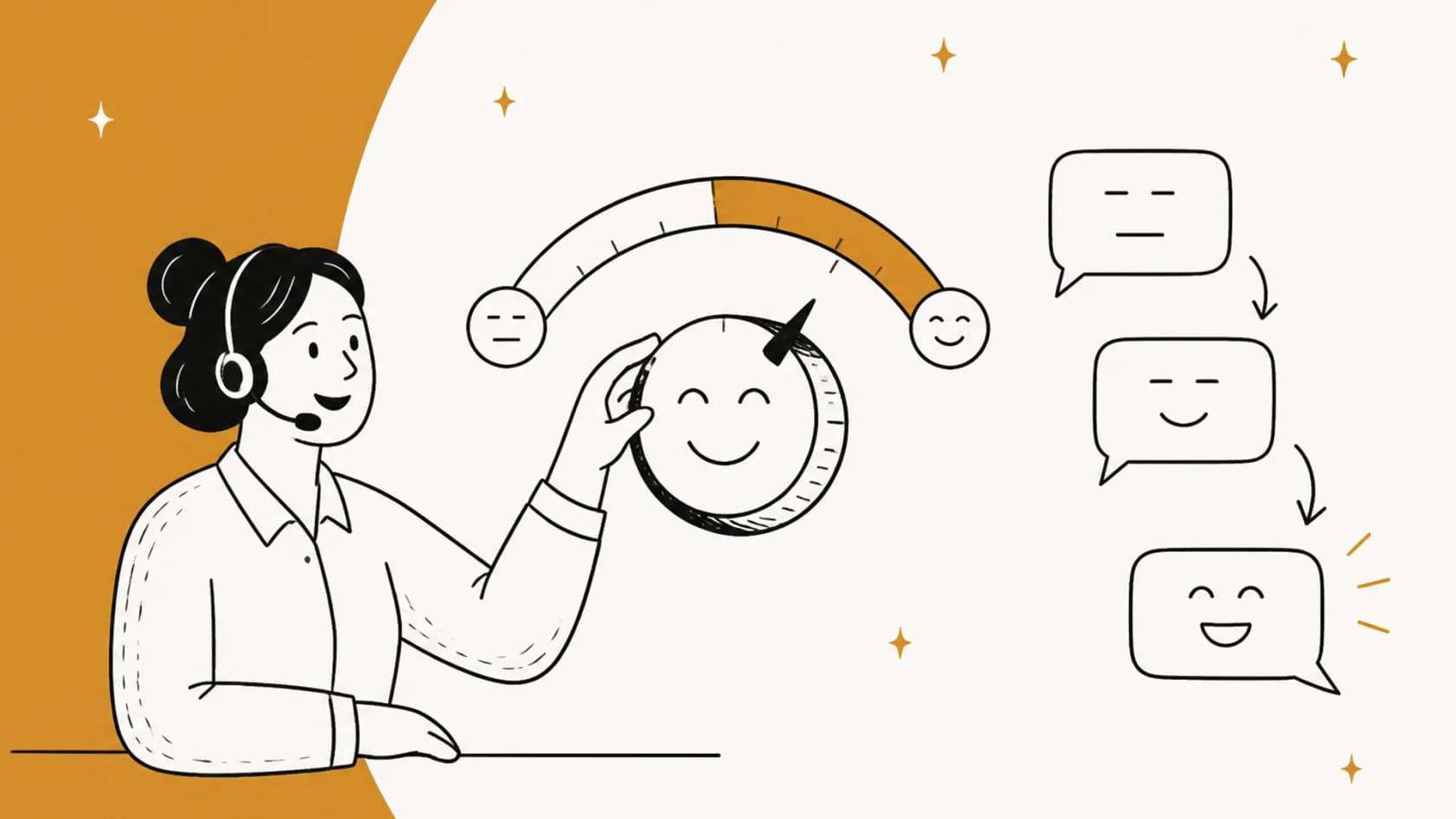 Hand-drawn illustration of a support agent with a headset turning a tone dial from neutral to friendly while reply speech bubbles change from flat to smiling