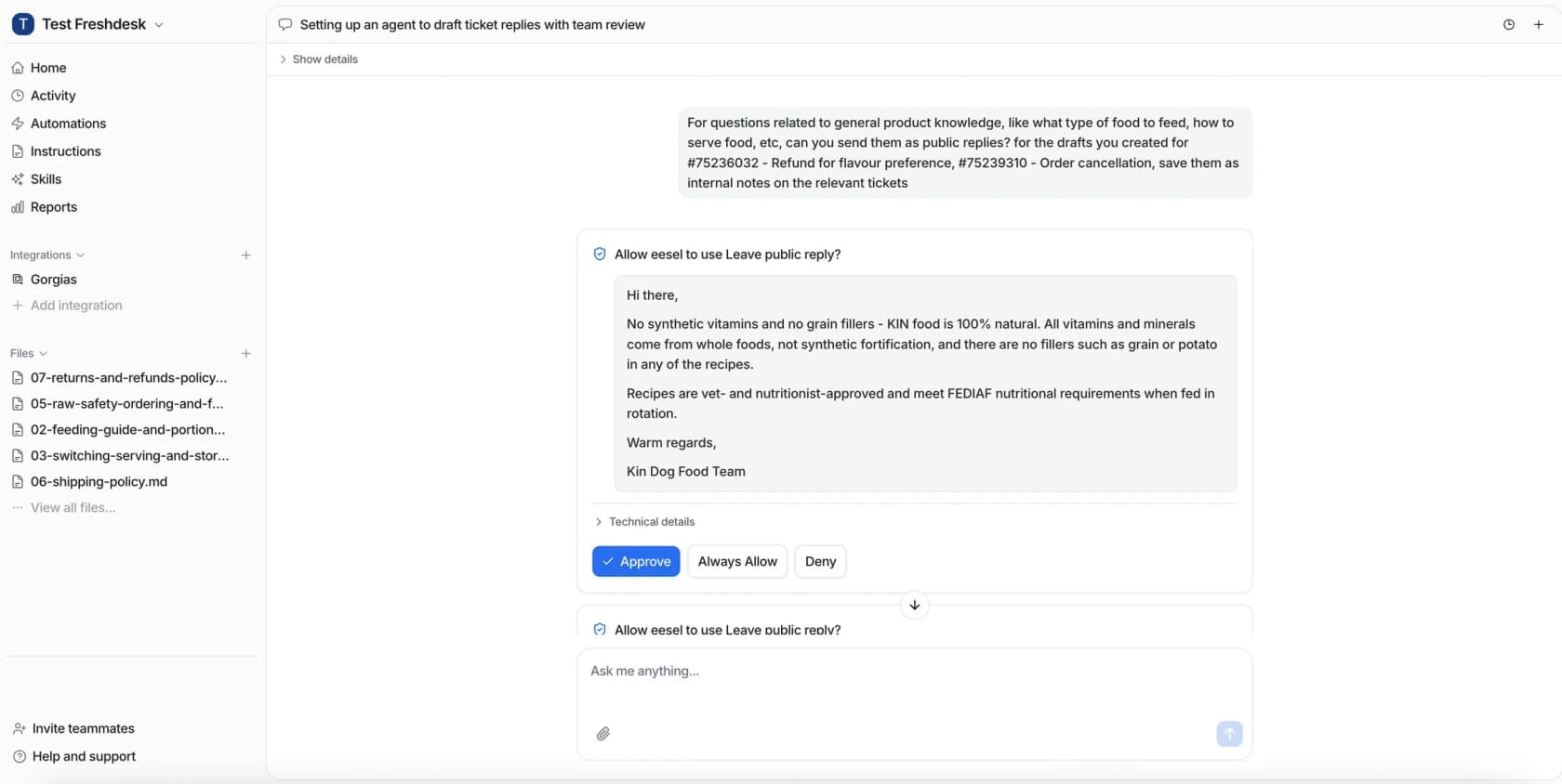eesel approval card asking to allow eesel to use leave public reply, showing the drafted reply with Approve, Always Allow and Deny buttons in the dashboard chat