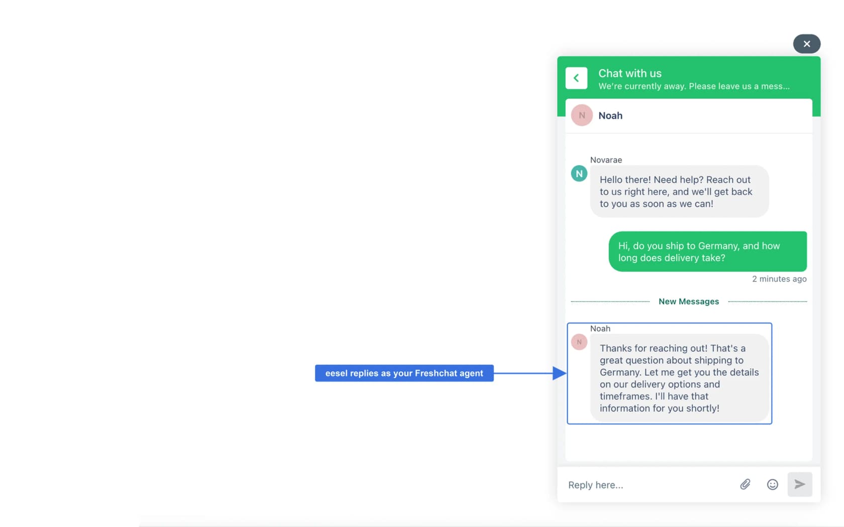 eesel replying inside a Freshchat widget under a Freshchat agent's name, as taken from the eesel docs