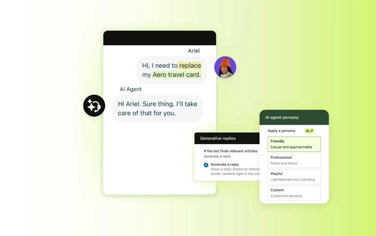 Zendesk AI agent drafting a generative reply with an agent-persona panel, as taken from Zendesk