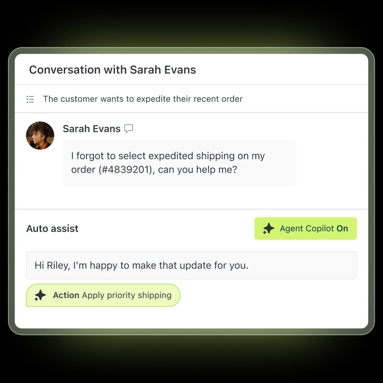 Zendesk Agent Copilot drafting a reply and offering an apply-priority-shipping action on a customer's order, as taken from Zendesk