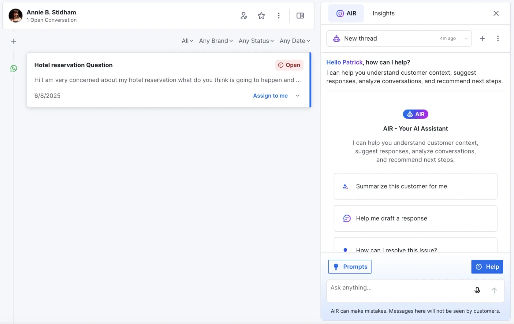 A screenshot demonstrating the Kustomer AI copilot feature, which assists human agents by suggesting replies within the Kustomer platform, as taken from Kustomer's help center