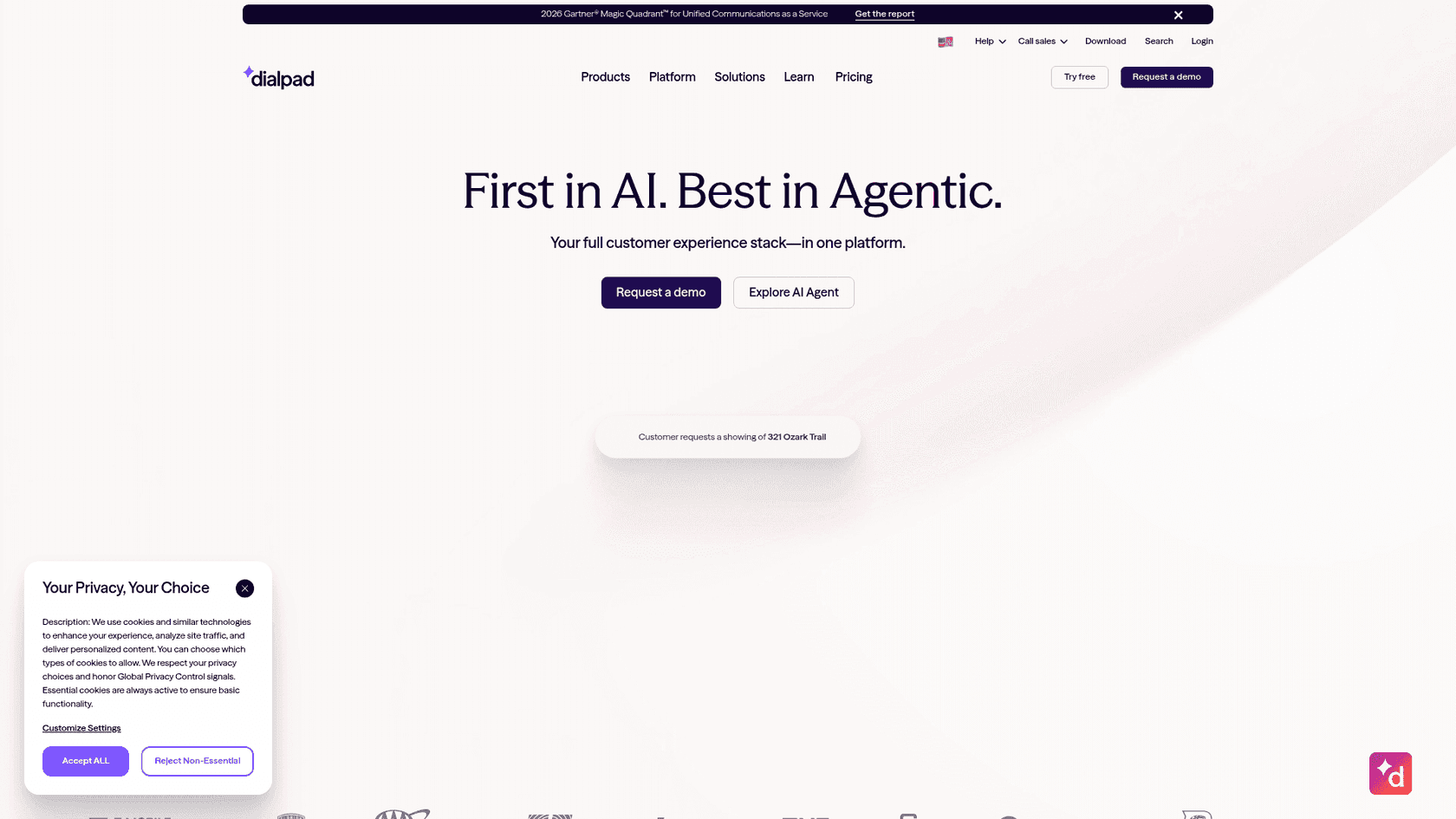 Dialpad homepage leading with AI-first business communications, as taken from Dialpad