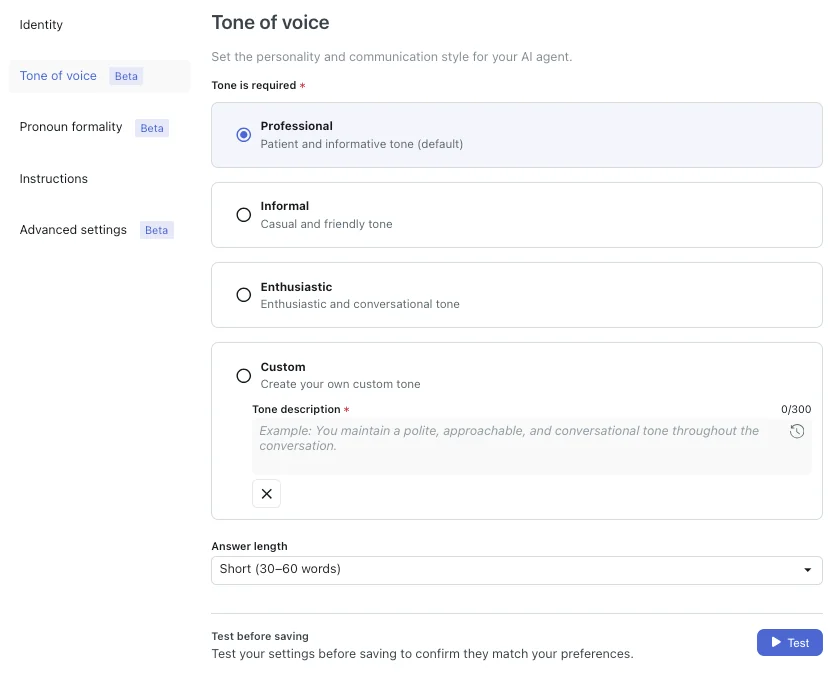 Zendesk AI agent Tone of voice settings with Professional, Informal, Enthusiastic and Custom options, a 300-character custom tone description and an answer length dropdown, as shown in Zendesk's AI agent docs