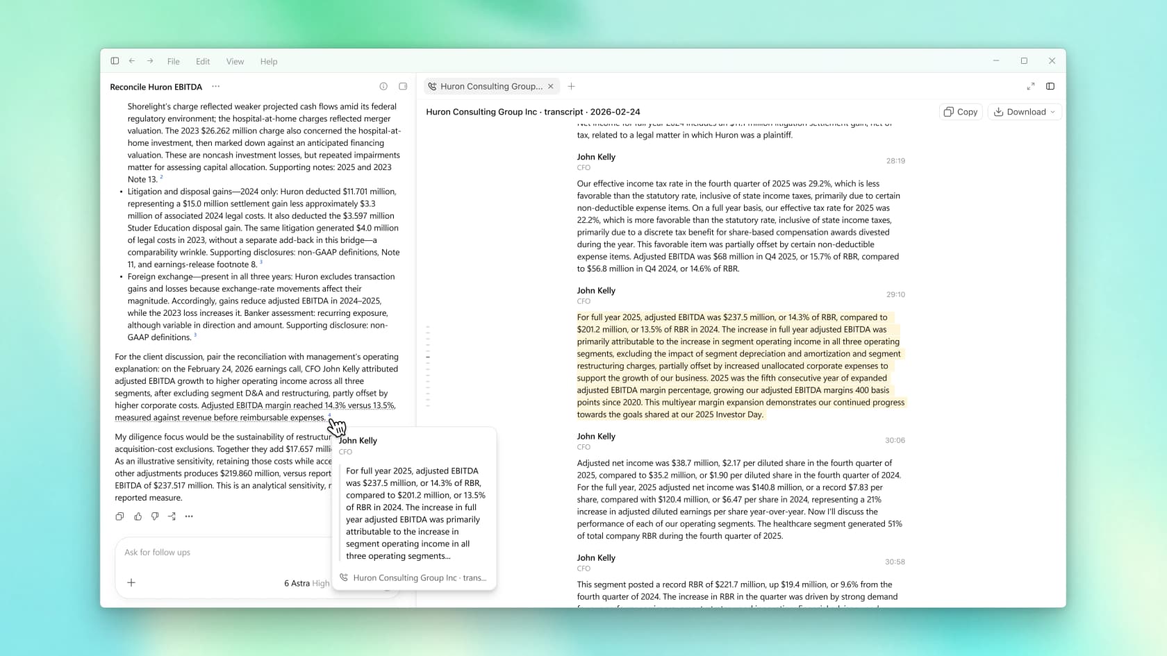 ChatGPT for Financial Services reconciling adjusted EBITDA, with each claim highlighted against the underlying earnings-call transcript, as shown in OpenAI's launch materials, as taken from OpenAI