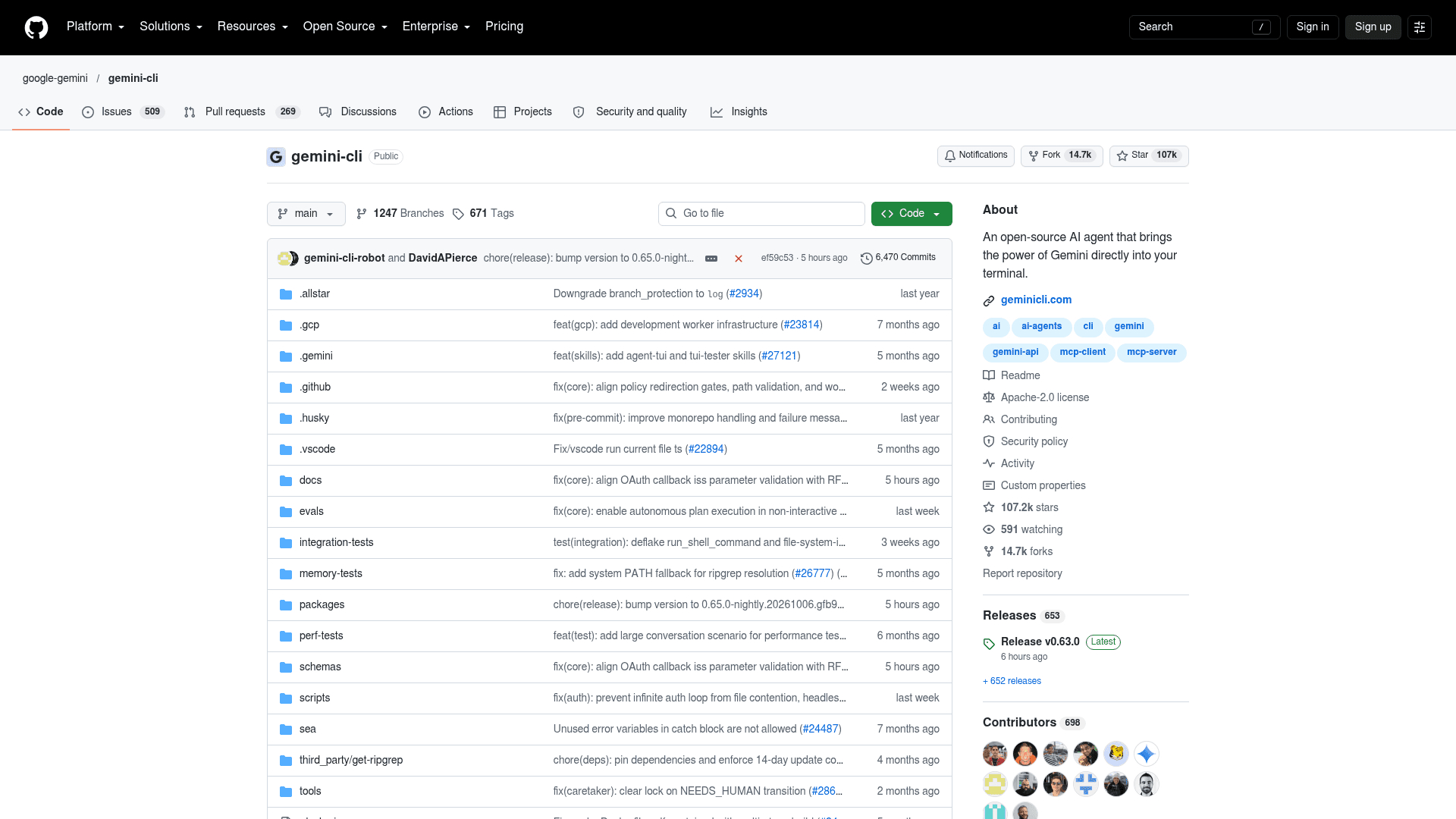 The google-gemini/gemini-cli repository on GitHub, showing 107k stars, the Apache-2.0 license and the v0.63.0 release, as taken from GitHub