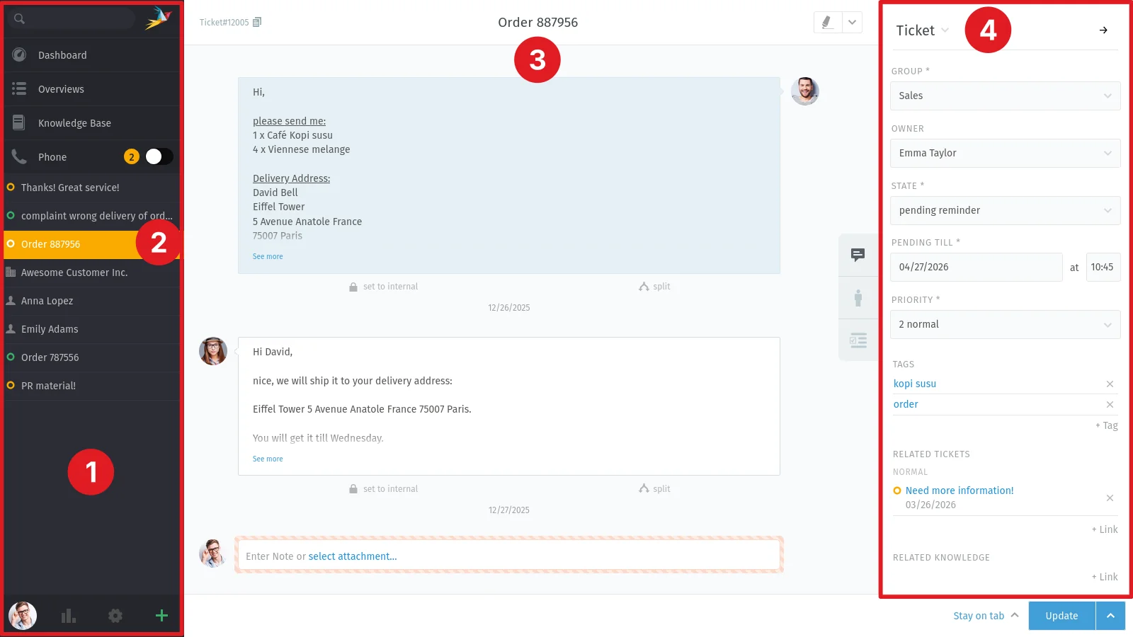 Zammad agent interface showing the ticket sidebar, a threaded order conversation and the ticket attribute panel with group, owner, state and tags, as taken from the Zammad user docs