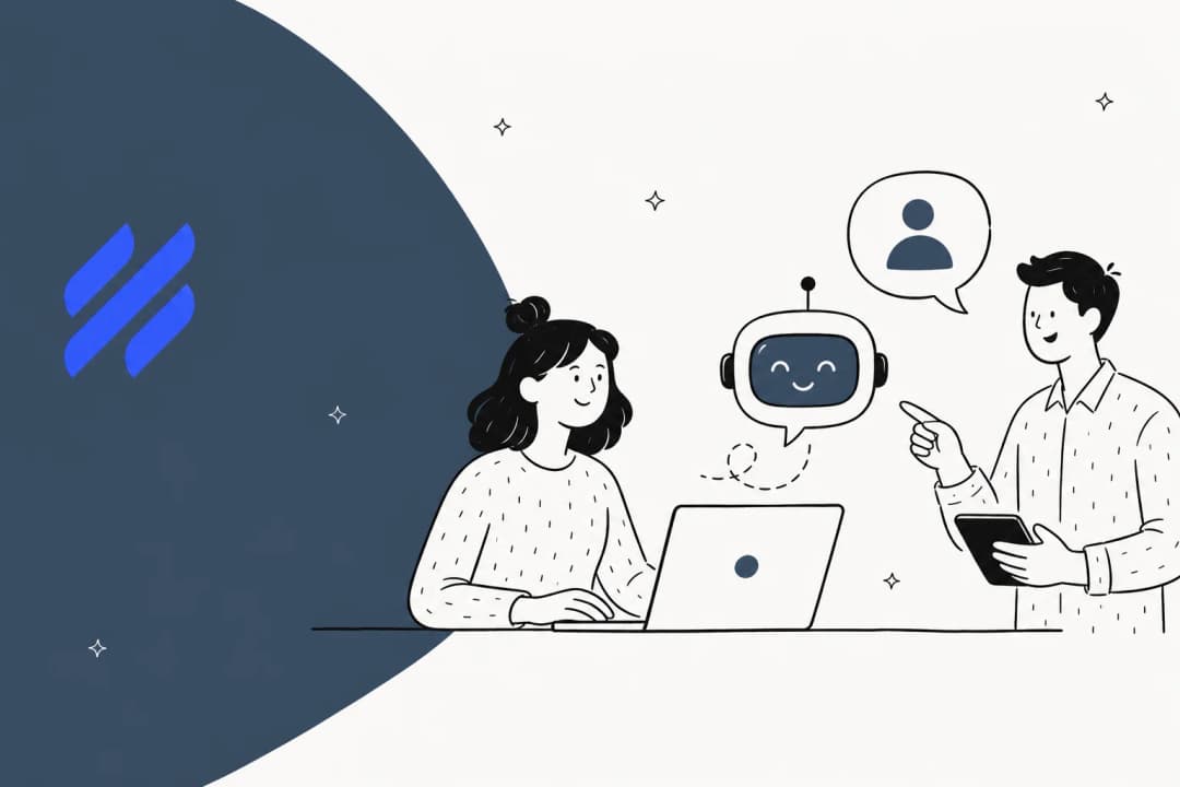 Illustration of an AI chatbot helping a Help Scout support team, with the Help Scout logo