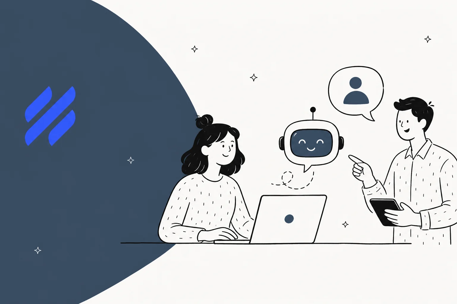 Illustration of an AI chatbot helping a Help Scout support team, with the Help Scout logo