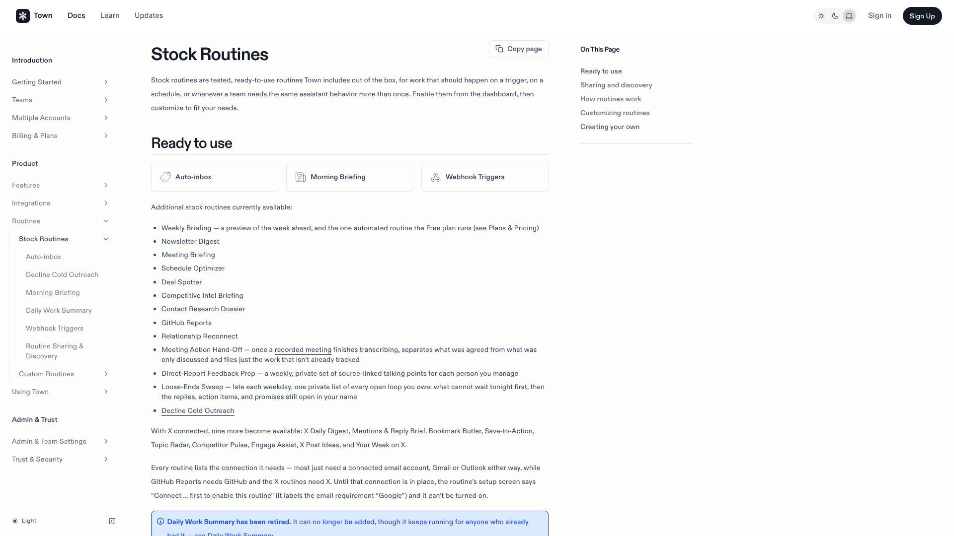 Town's Stock Routines docs page listing Meeting Briefing, Contact Research Dossier, Relationship Reconnect and Meeting Action Hand-Off among the routines Town includes, as taken from Town's docs