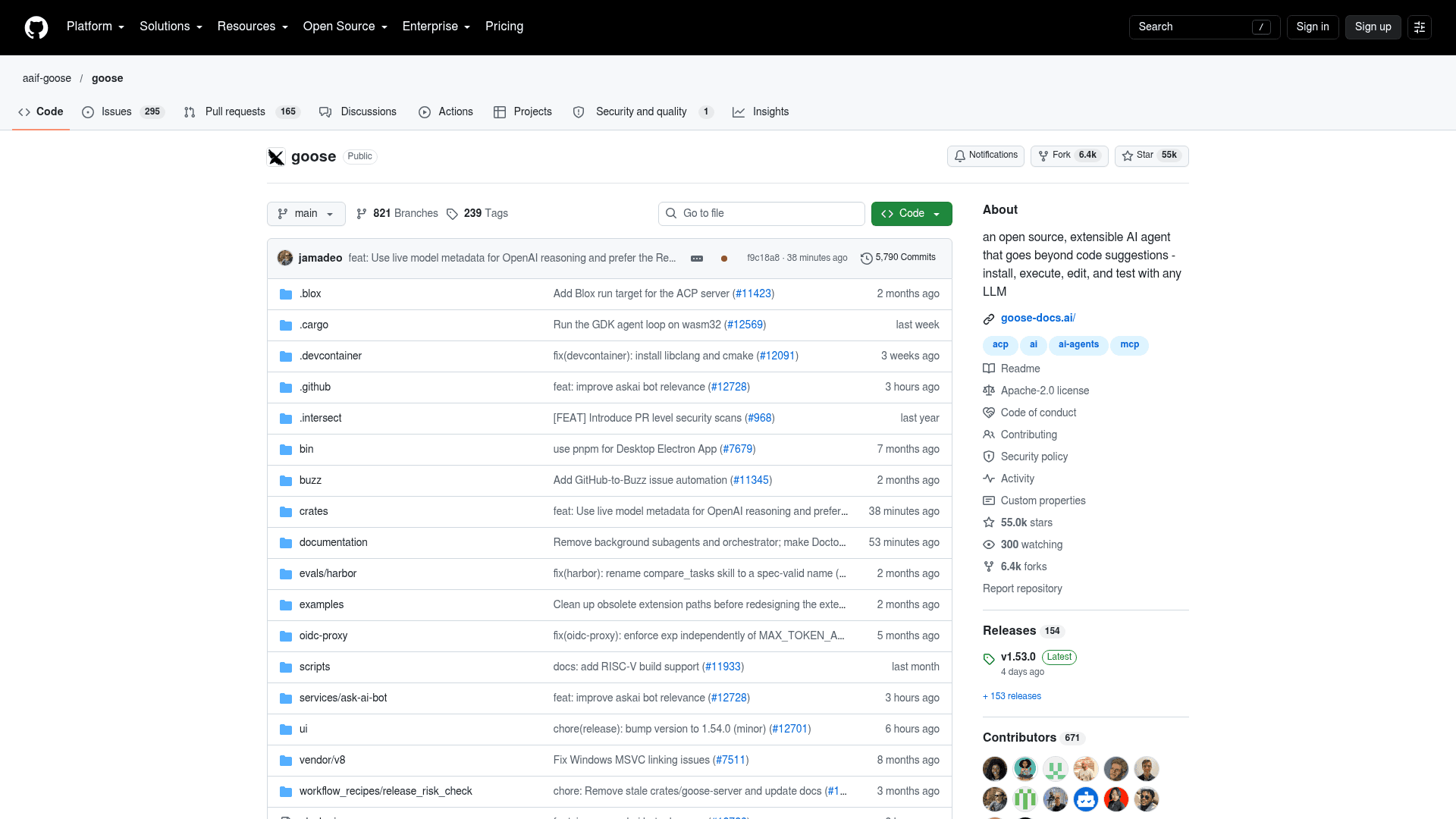 The aaif-goose/goose repository on GitHub, showing 55k stars, the Apache-2.0 license, the v1.53.0 latest release and a description of an open source, extensible AI agent that works with any LLM, as taken from GitHub