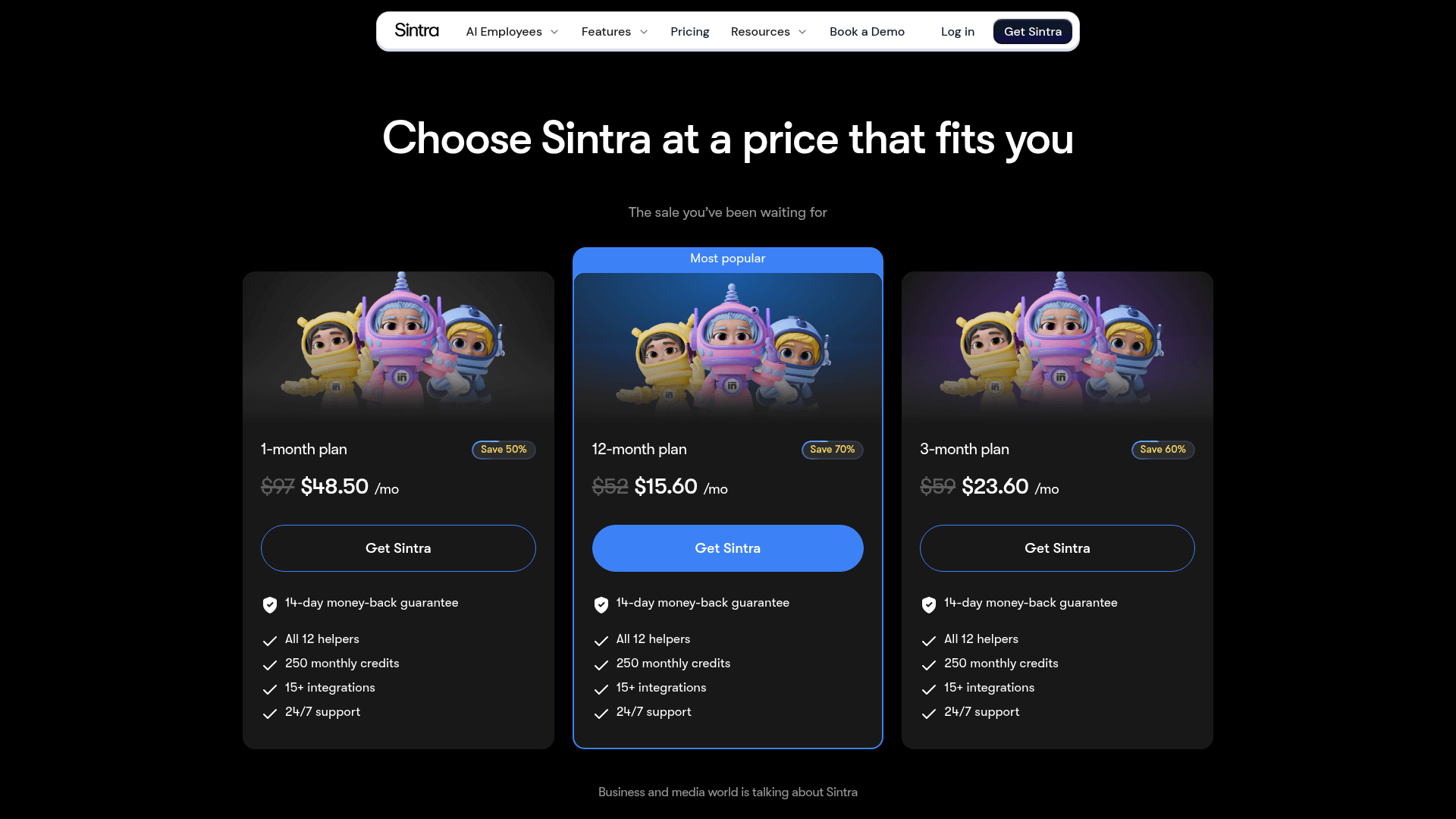 Sintra pricing page showing one-month, three-month and twelve-month plans each with 250 monthly credits