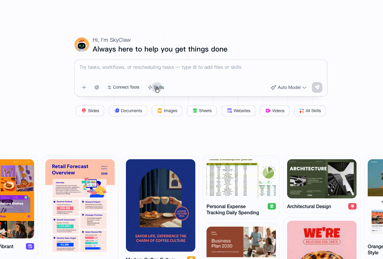 The Skywork workspace: one input bar with SkyClaw, one-click output modes (Slides, Documents, Images, Sheets, Websites, Videos), and a gallery of generated work, as taken from Skywork