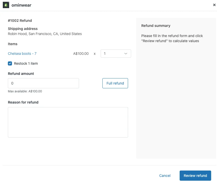 Zendesk Shopify refund window for order 1002 with item quantity, restock checkbox, refund amount field showing max available A$100.00 and a reason for refund box, as taken from Zendesk