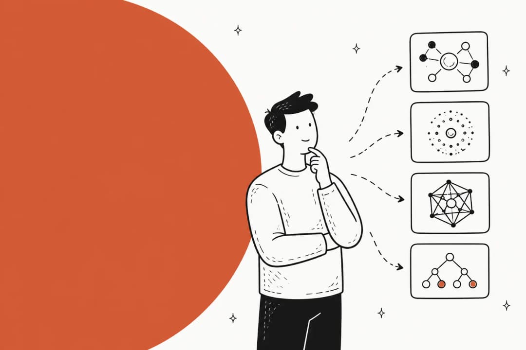 Illustration of a developer weighing four different AI model engines, with dotted arrows pointing to each option