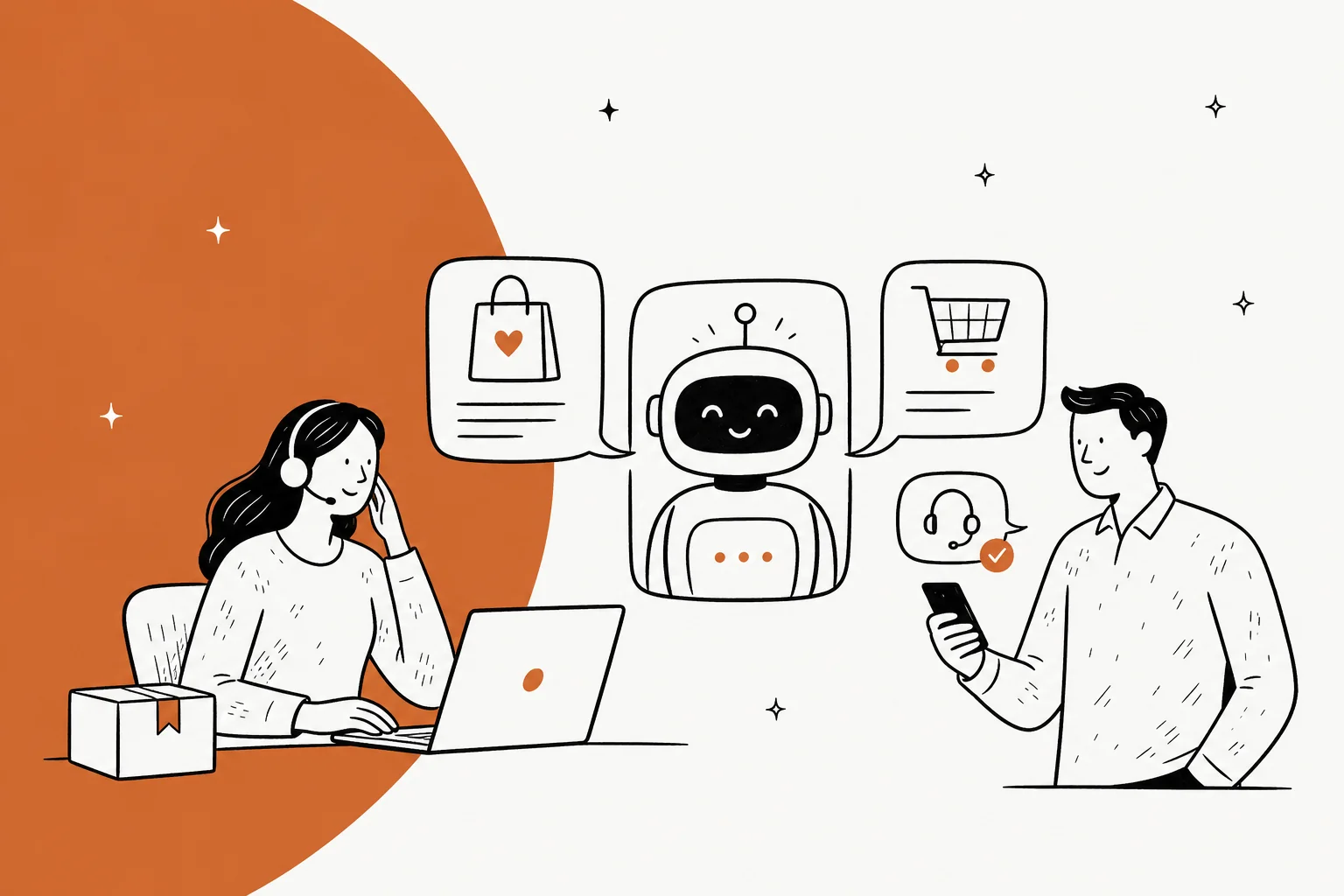 Illustration of AI handling retail customer service across orders, returns, and live chat
