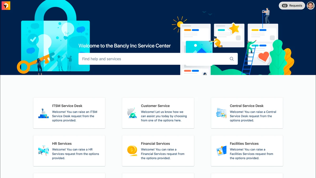Jira Service Management help center showing a self-service portal with catalog categories for ITSM, HR, financial and facilities services, as taken from Atlassian