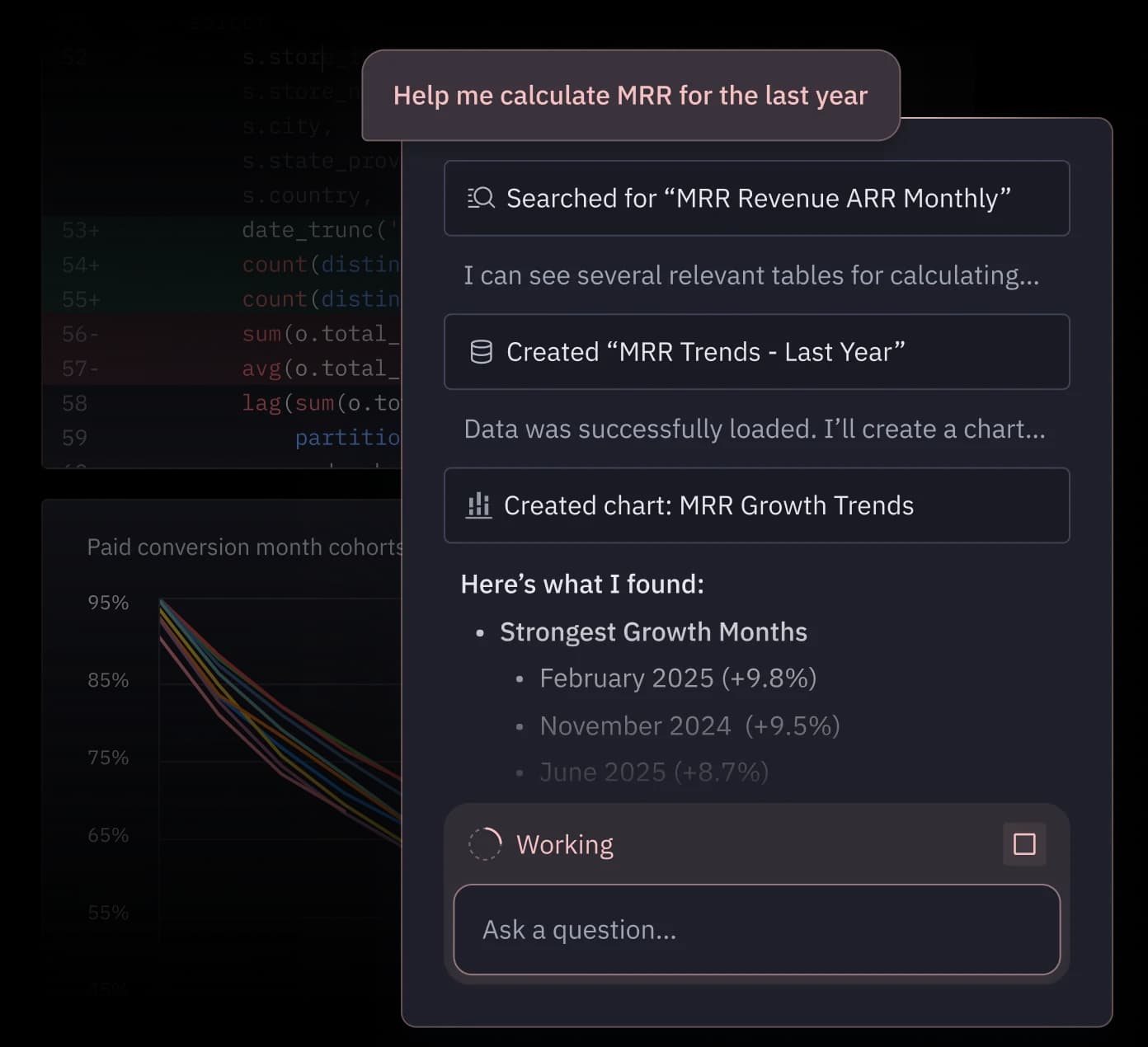The Hex Notebook Agent writing SQL, creating a chart, and summarizing MRR growth, as taken from Hex