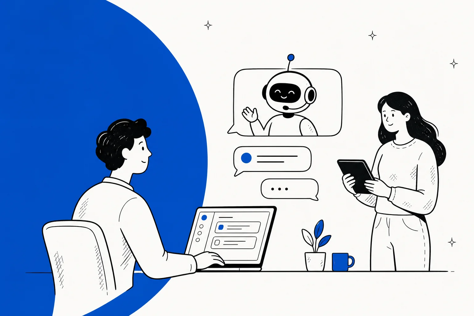 Illustration of an AI chatbot helping a Jira Service Management service desk team