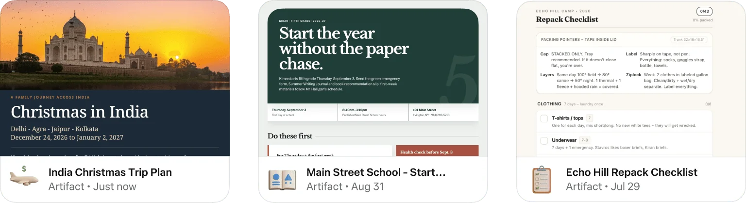 Three Muse artifact cards: an India Christmas trip plan, a school start guide and a repack checklist, as taken from Meta's How We Designed Muse page