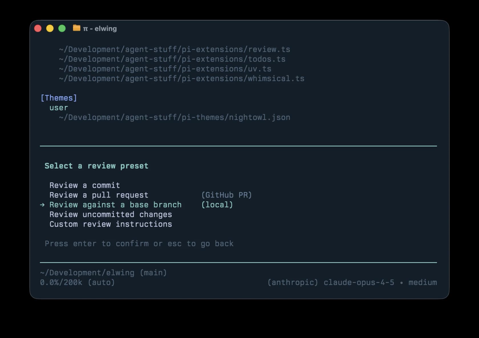 A Pi review extension showing a "Select a review preset" menu with options to review a commit, a GitHub pull request, a base branch, uncommitted changes or custom instructions, as taken from Armin Ronacher's blog