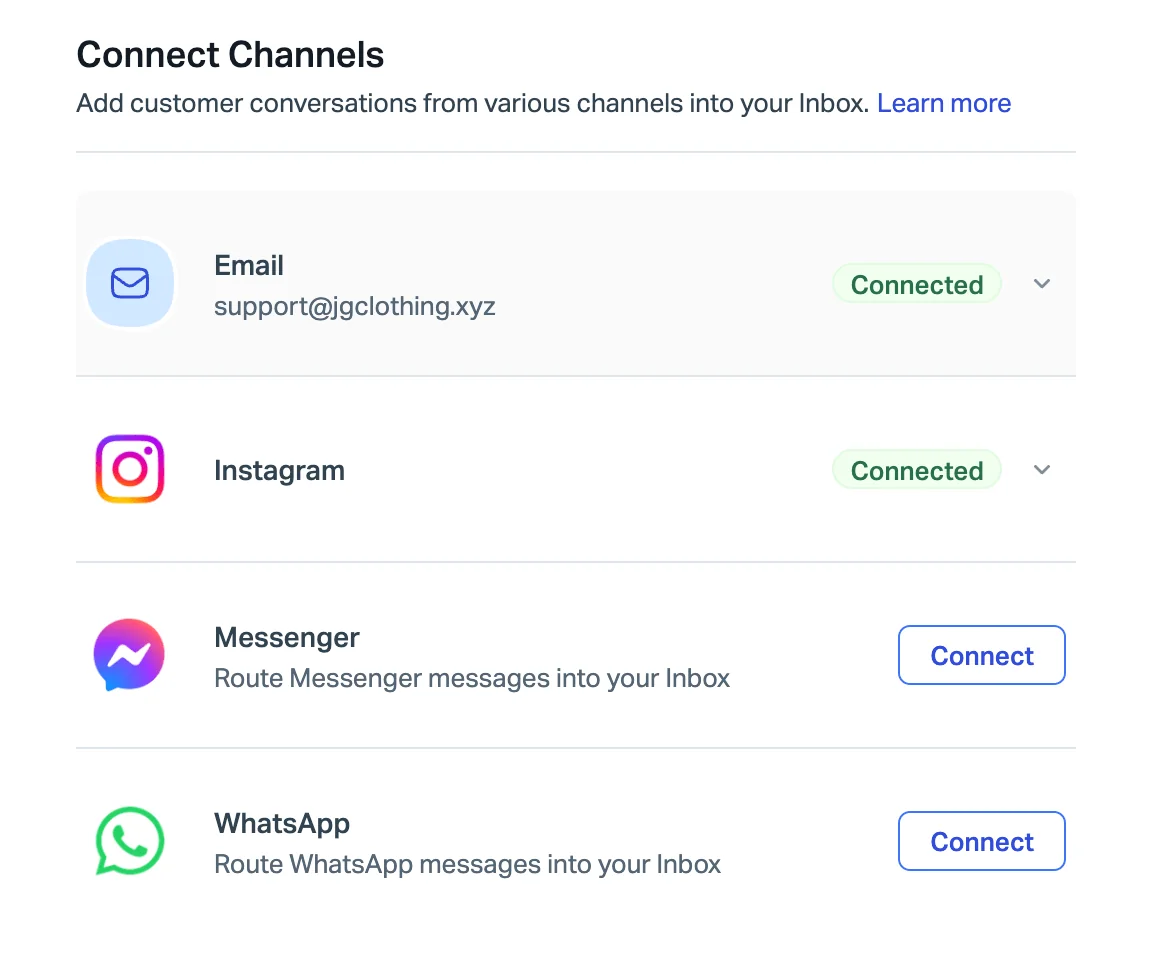 Help Scout's Connect Channels page for an inbox, with Email and Instagram connected and Connect buttons next to Messenger and WhatsApp, as taken from the Help Scout help center